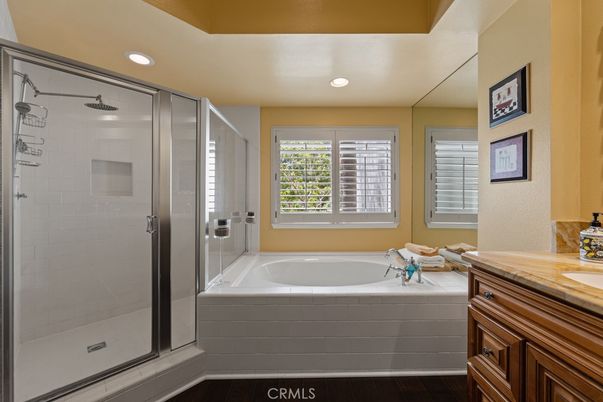 Bathroom, Glass Shower, Interior, Recessed Lighting, Wood Texture Flooring
