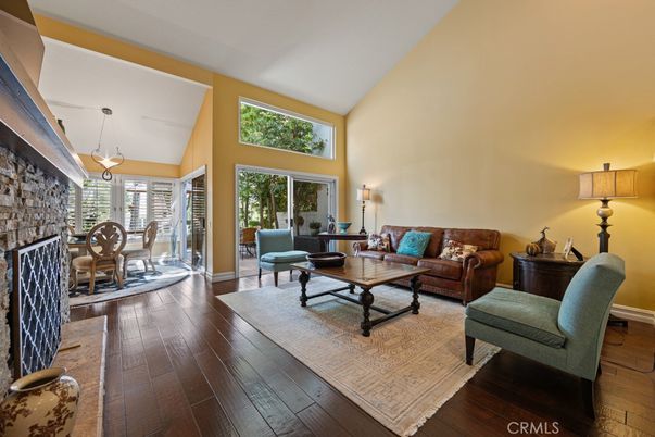 Dining room, Fireplace, Interior, Living room, Pendant Lights, Stone Walls, Wood Texture Flooring