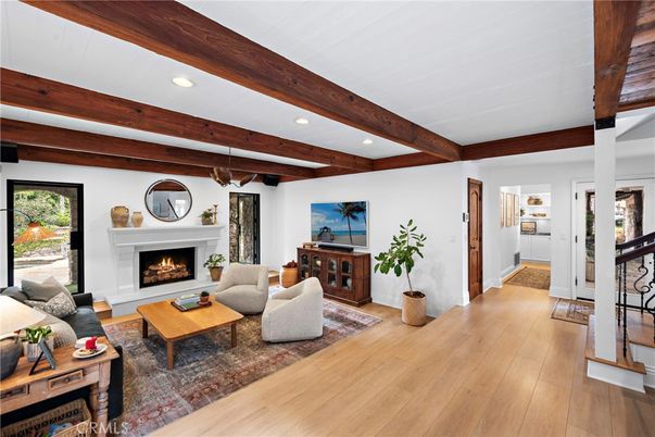 Fireplace, Interior, Living room, Pendant Lights, Recessed Lighting, Wooden Beams, Wood Texture Flooring