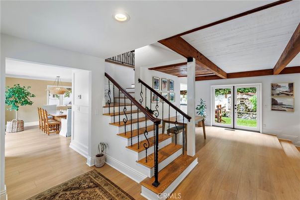 Dining room, Interior, Pendant Lights, Recessed Lighting, Wooden Beams, Wood Texture Flooring