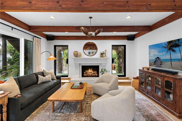 Fireplace, Interior, Living room, Recessed Lighting, Wooden Beams, Wood Texture Flooring