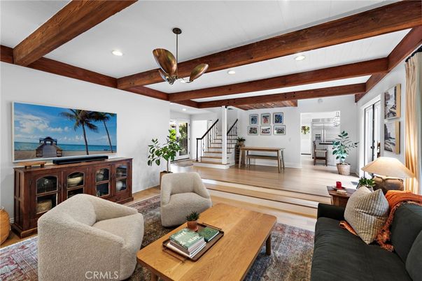 Interior, Living room, Pendant Lights, Recessed Lighting, Wooden Beams, Wood Texture Flooring