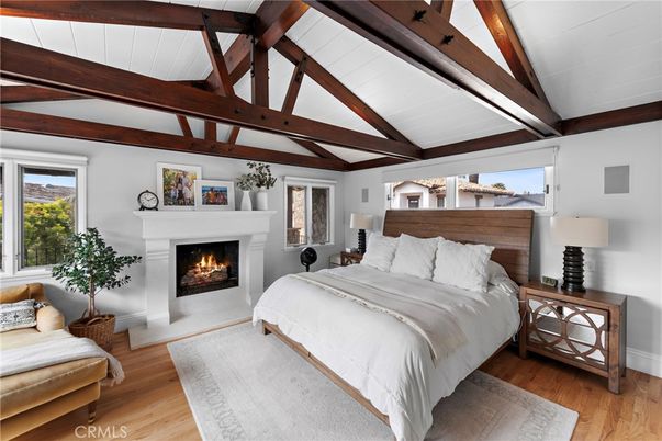Bedroom, Fireplace, Interior, Wooden Beams, Wood Texture Flooring