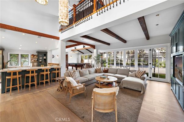Billiard Table, Chandelier, Game Room, Interior, Living room, Recessed Lighting, Wooden Beams, Wood Texture Flooring