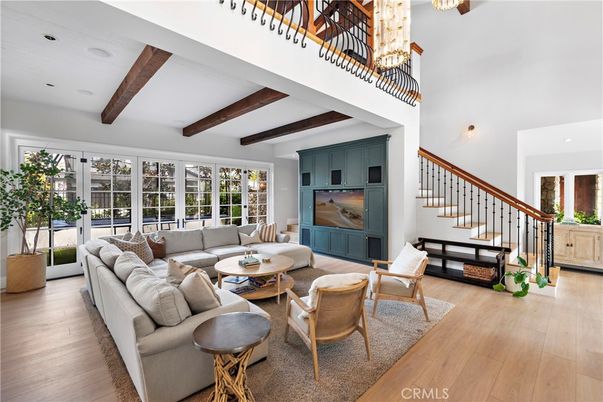 Chandelier, Interior, Living room, Recessed Lighting, Wooden Beams, Wood Texture Flooring