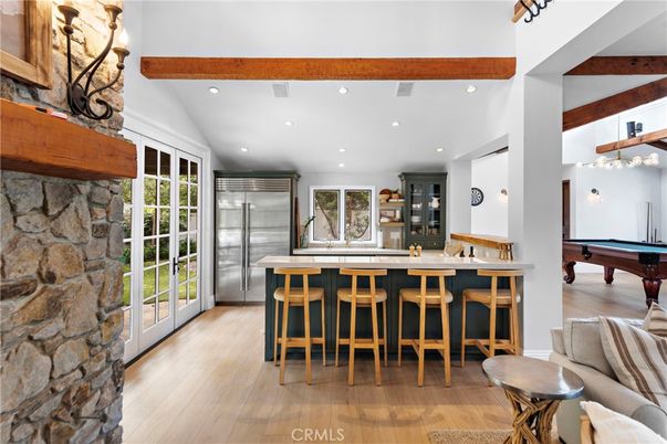 Billiard Table, Game Room, Interior, Kitchen, Recessed Lighting, Stone Walls, Wooden Beams, Wood Texture Flooring