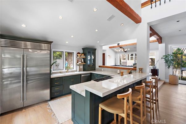 Interior, Kitchen, Pendant Lights, Recessed Lighting, Stainless Steel Appliances, Wooden Beams, Wood Texture Flooring