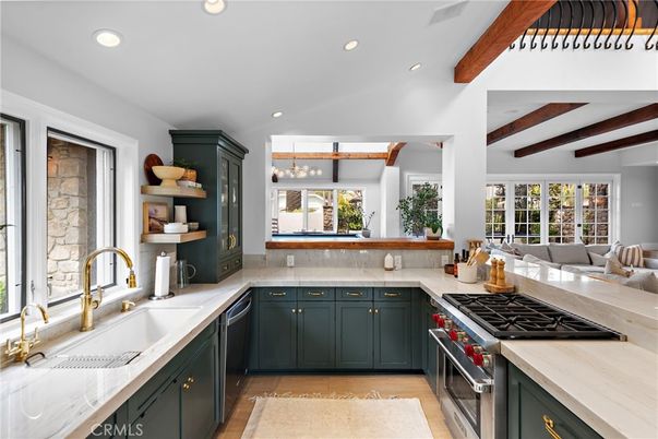 Interior, Kitchen, Living room, Pendant Lights, Recessed Lighting, Stainless Steel Appliances, Wooden Beams, Wood Texture Flooring