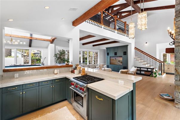 Interior, Kitchen, Living room, Pendant Lights, Recessed Lighting, Wooden Beams, Wood Texture Flooring