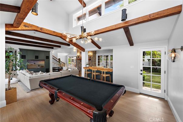 Billiard Table, Game Room, Interior, Living room, Pendant Lights, Wooden Beams, Wood Texture Flooring