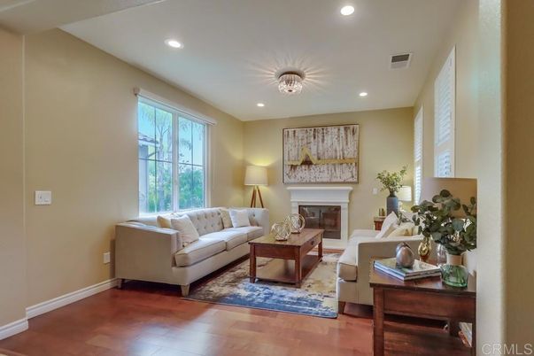 Fireplace, Interior, Living room, Recessed Lighting, Wood Texture Flooring
