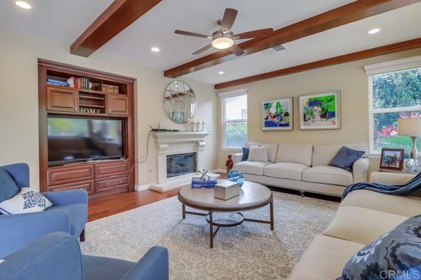 Fireplace, Interior, Living room, Recessed Lighting, Wooden Beams, Wood Texture Flooring