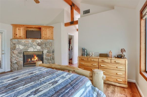 Bedroom, Fireplace, Interior, Wooden Beams, Wood Texture Flooring