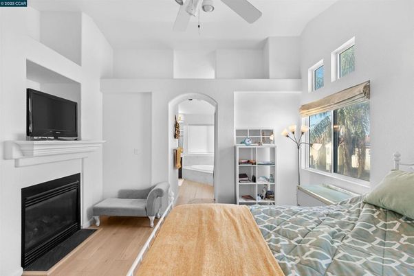 Bedroom, Fireplace, Interior, Wood Texture Flooring