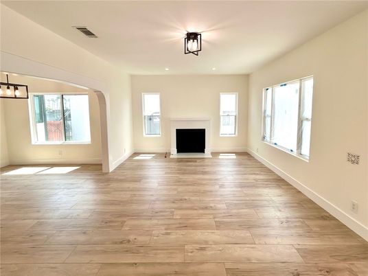 Empty room, Fireplace, Interior, Pendant Lights, Wood Texture Flooring