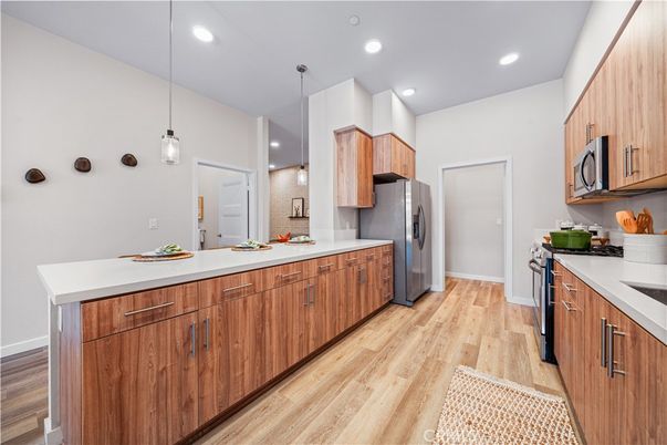 Interior, Kitchen, Pendant Lights, Recessed Lighting, Wood Texture Flooring