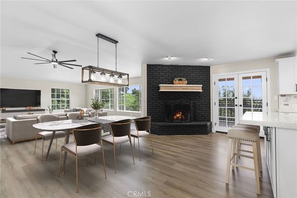Dining room, Fireplace, Interior, Kitchen, Living room, Pendant Lights, Stone Walls, Wood Texture Flooring
