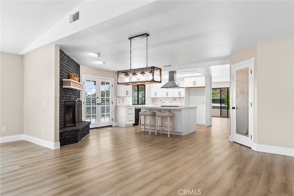 Fireplace, Interior, Kitchen, Pendant Lights, Wood Texture Flooring