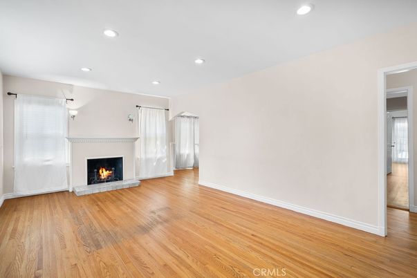 Empty room, Fireplace, Interior, Recessed Lighting, Wood Texture Flooring