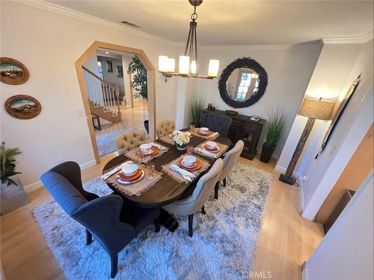 Dining room, Interior, Pendant Lights, Wood Texture Flooring