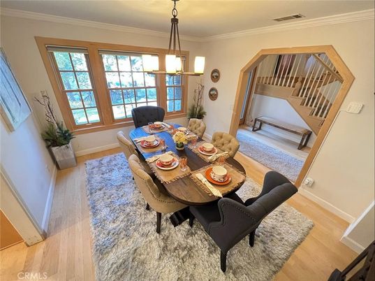 Dining room, Interior, Pendant Lights, Water, Wood Texture Flooring