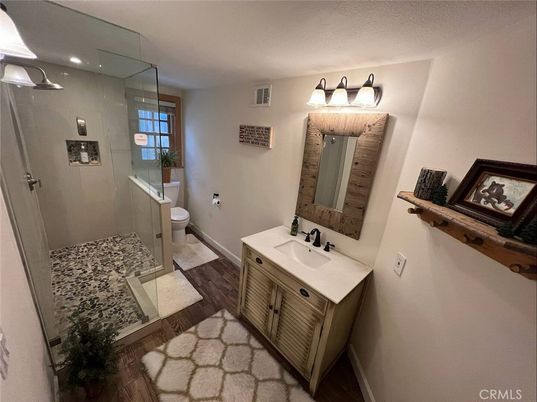 Bathroom, Glass Shower, Interior, Recessed Lighting, Wood Texture Flooring
