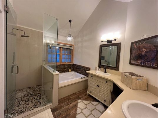 Bathroom, Dual Sink Vanities, Glass Shower, Interior, Pendant Lights, Wood Texture Flooring