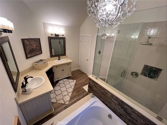 Bathroom, Dual Sink Vanities, Glass Shower, Interior, Wood Texture Flooring