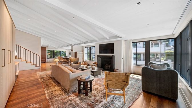 Dining room, Fireplace, Interior, Living room, Recessed Lighting, Wood Texture Flooring