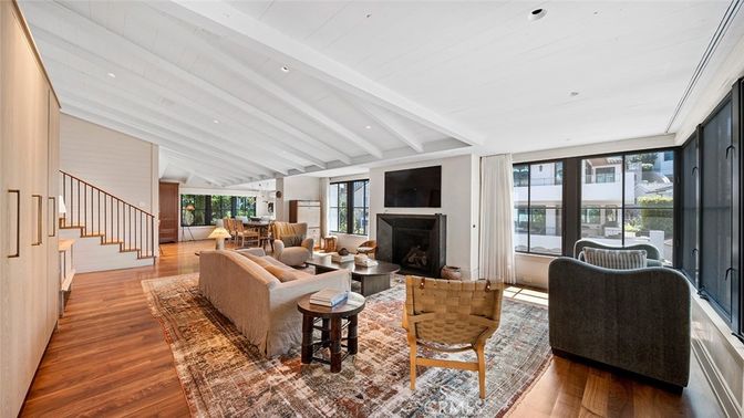 Dining room, Fireplace, Interior, Living room, Recessed Lighting, Wood Texture Flooring