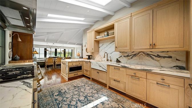 Interior, Kitchen, Marble Walls, Recessed Lighting, Wood Texture Flooring