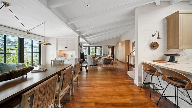 Dining room, Interior, Living room, Pendant Lights, Recessed Lighting, Wood Texture Flooring