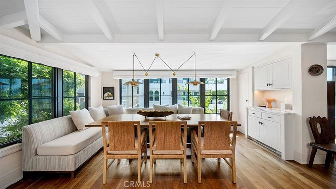 Dining room, Interior, Pendant Lights, Wood Texture Flooring