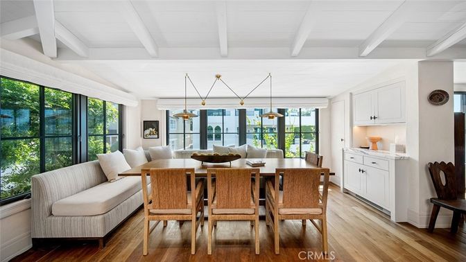 Dining room, Interior, Pendant Lights, Wood Texture Flooring