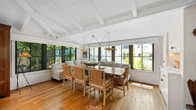 Dining room, Interior, Pendant Lights, Recessed Lighting, Wood Texture Flooring