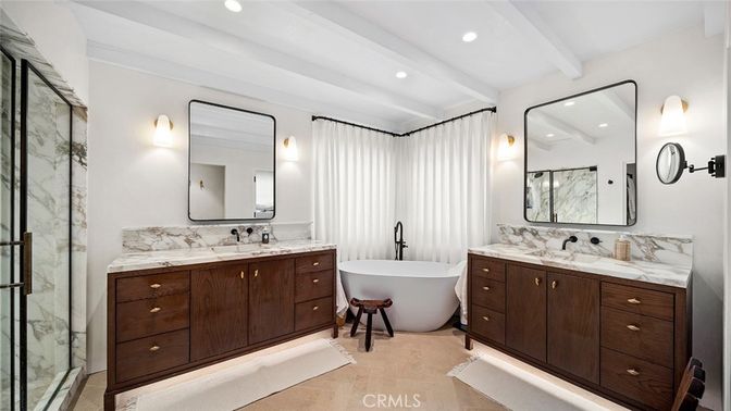 Bathroom, Dual Sink Vanities, Free Standing Baths, Interior, Marble Walls, Recessed Lighting