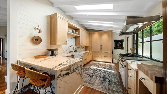 Interior, Kitchen, Marble Walls, Recessed Lighting, Wood Texture Flooring