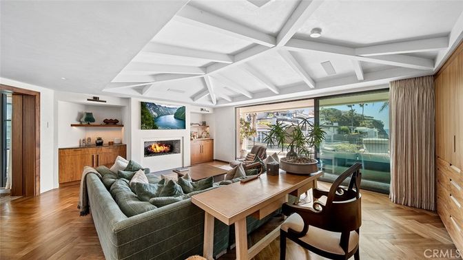 Fireplace, Home Office, Interior, Living room, Recessed Lighting, Wood Texture Flooring