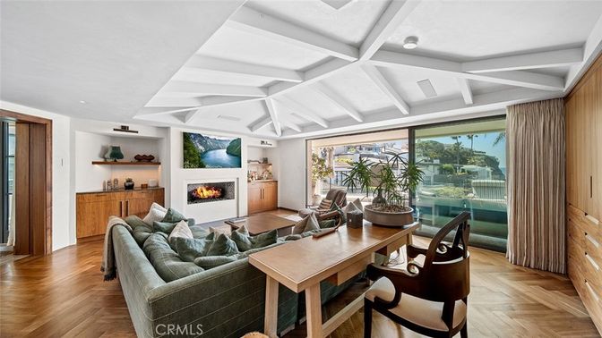 Fireplace, Home Office, Interior, Living room, Recessed Lighting, Wood Texture Flooring
