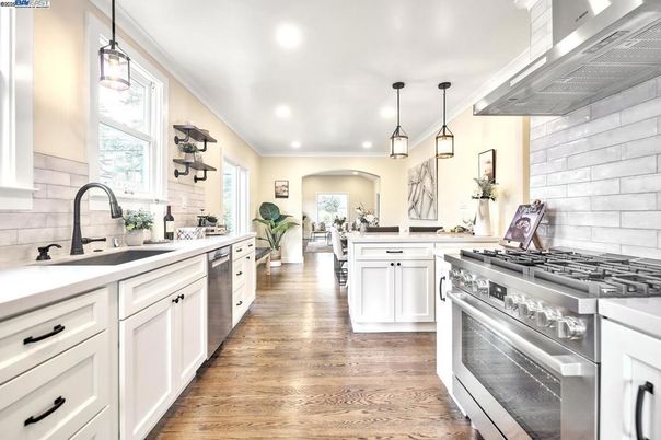Interior, Kitchen, Pendant Lights, Recessed Lighting, Stainless Steel Appliances, Wood Texture Flooring