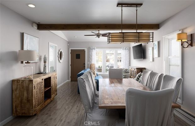 Dining room, Interior, Pendant Lights, Recessed Lighting, Wooden Beams, Wood Texture Flooring