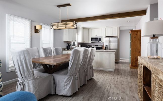 Dining room, Interior, Kitchen, Pendant Lights, Stainless Steel Appliances, Wooden Beams, Wood Texture Flooring