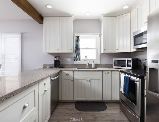 Interior, Kitchen, Recessed Lighting, Stainless Steel Appliances, Wooden Beams, Wood Texture Flooring