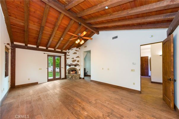 Empty room, Fireplace, Interior, Wooden Beams, Wooden Ceilings, Wood Texture Flooring