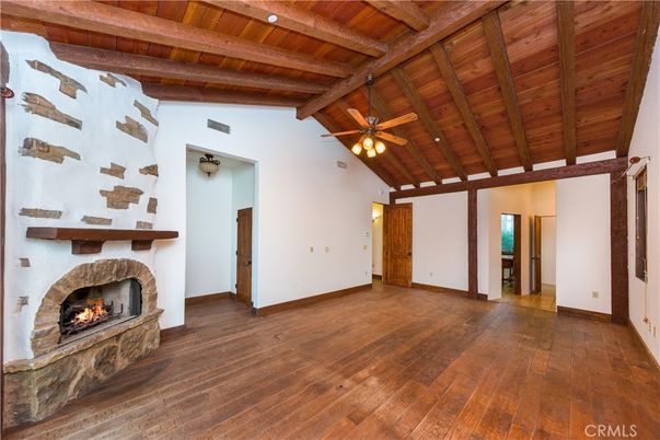 Empty room, Fireplace, Interior, Wooden Beams, Wooden Ceilings, Wood Texture Flooring