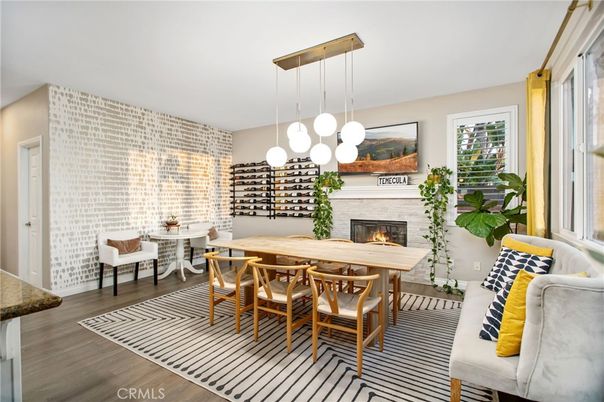 Dining room, Fireplace, Interior, Pendant Lights, Wood Texture Flooring
