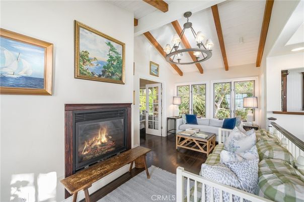 Chandelier, Fireplace, Interior, Living room, Wooden Beams, Wood Texture Flooring