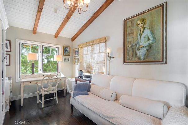 Chandelier, Home Office, Interior, Wooden Beams, Wood Texture Flooring