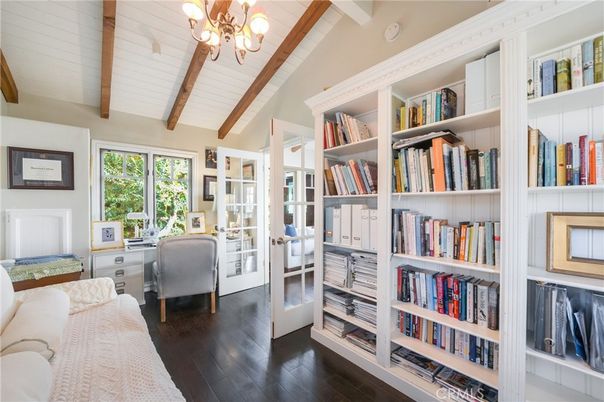 Chandelier, Home Office, Interior, Wooden Beams, Wood Texture Flooring