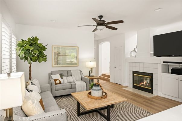 Fireplace, Interior, Living room, Recessed Lighting, Wood Texture Flooring
